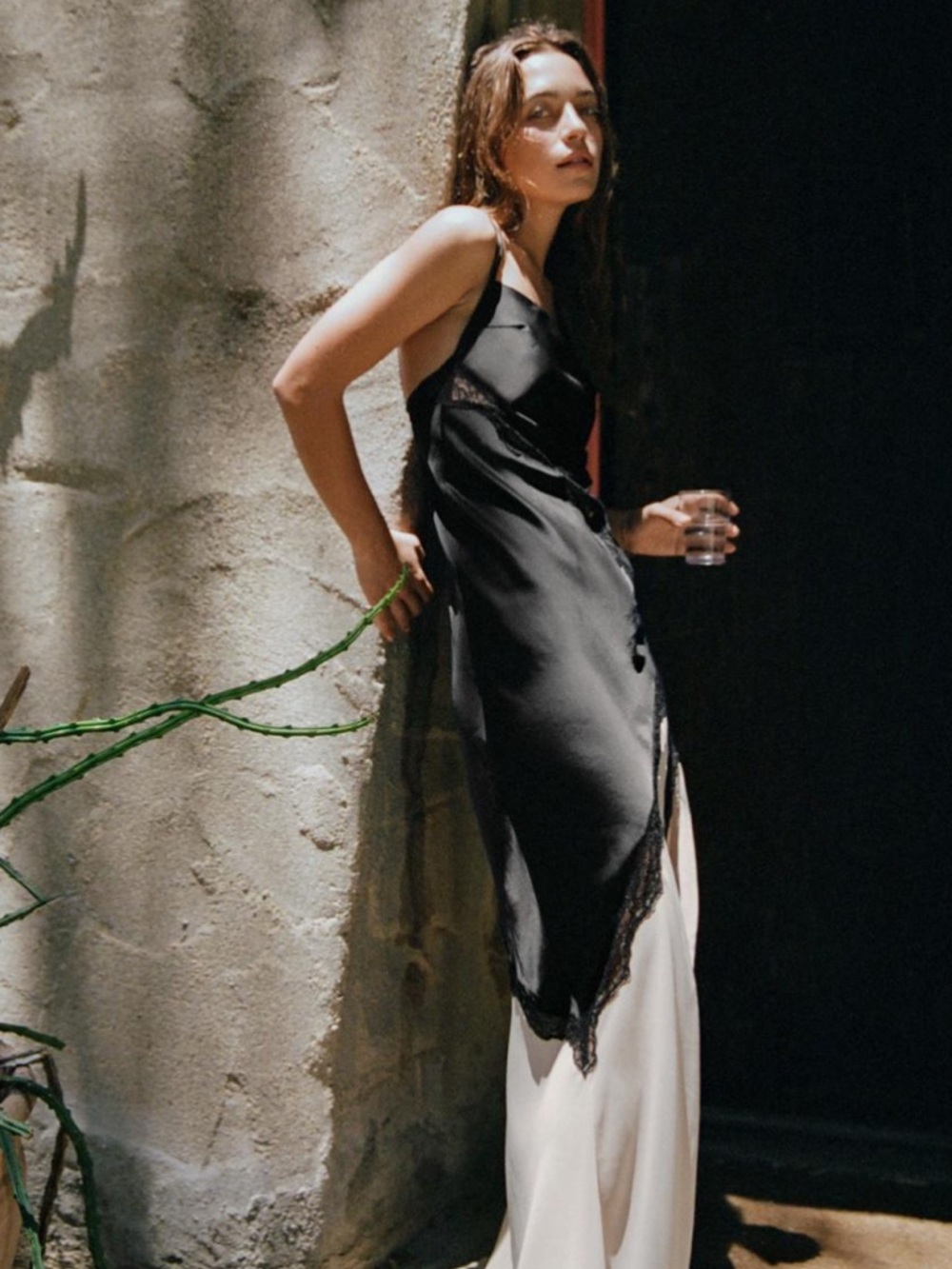 Zara Black and Cream Satin Slip Dress with Lace Trim - Picture 7 of 8